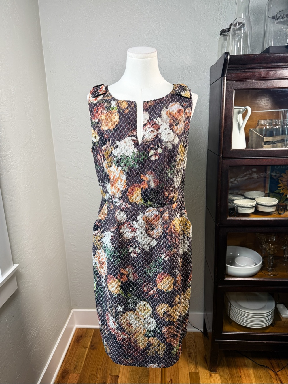 Anthropologie Tabitha Floral Jacquard Sheath Dress Bow Shoulders Size 10